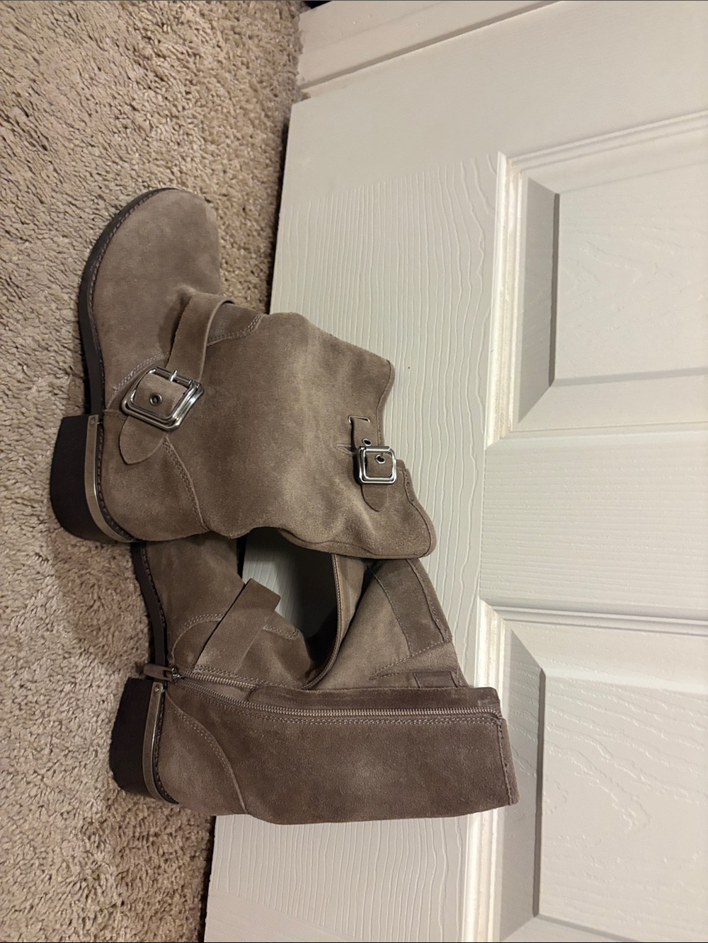 Vince Camuto Taupe Suede Buckle Ankle Booties